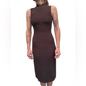Prada Vintage 90s Brown Mock Neck Midi Column Dress Italy | size 38